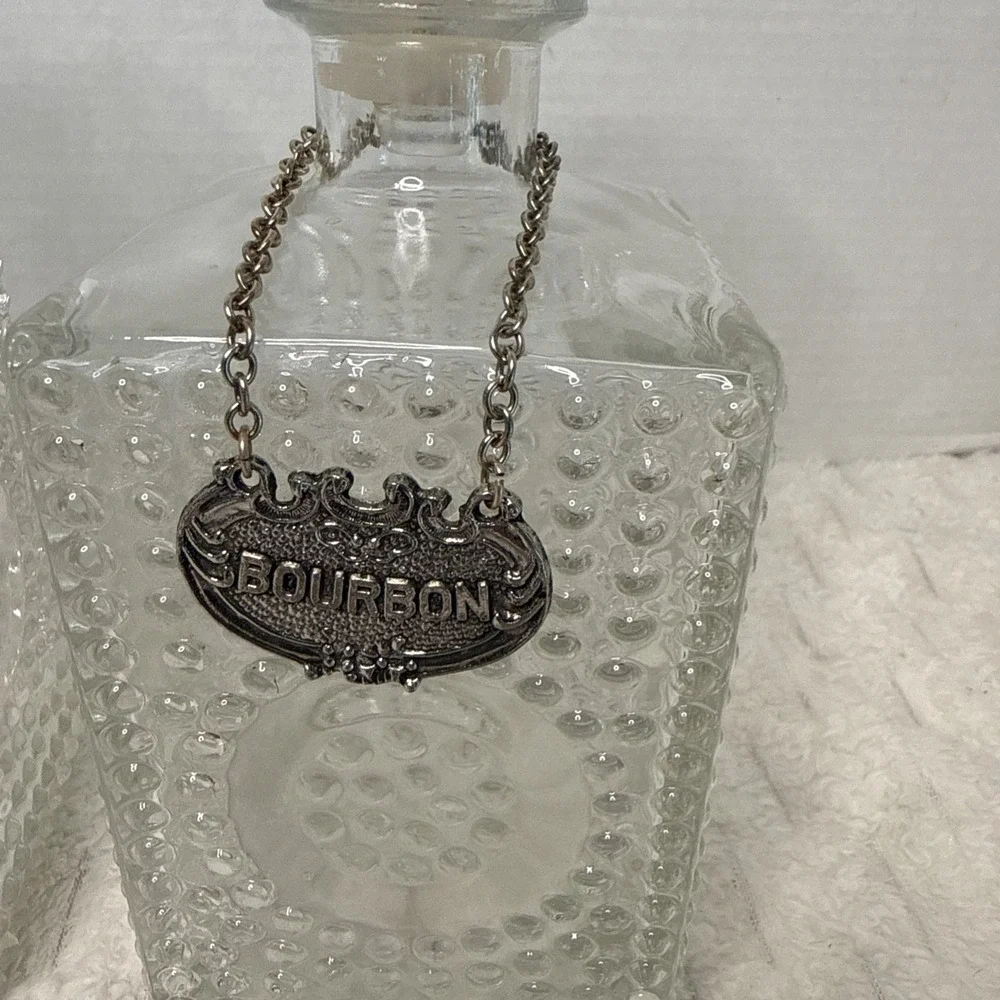 Vintage White Metal BOURBON / RYE Decanter Tag Label Silver Chain Reversible EUC